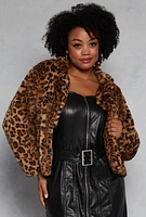 Womens Plus Size Leopard Print Faux Fur Jacket, Brown, Size 1X