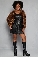 Womens Plus Size Leopard Print Faux Fur Jacket, Brown, Size 1X