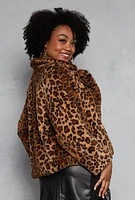 Womens Plus Size Leopard Print Faux Fur Jacket, Brown, Size 1X