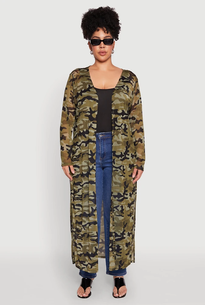 Womens Plus Size Camo Print Mesh Duster, Green, Size 2X
