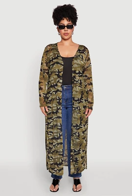 Womens Plus Size Camo Print Mesh Duster, Green, Size 2X