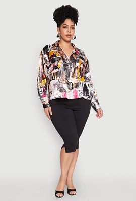 Womens Plus Size Satin Printed Pattern Shirt, Multi, Size 1X