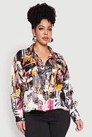 Womens Plus Size Satin Printed Pattern Shirt, Multi, Size 1X
