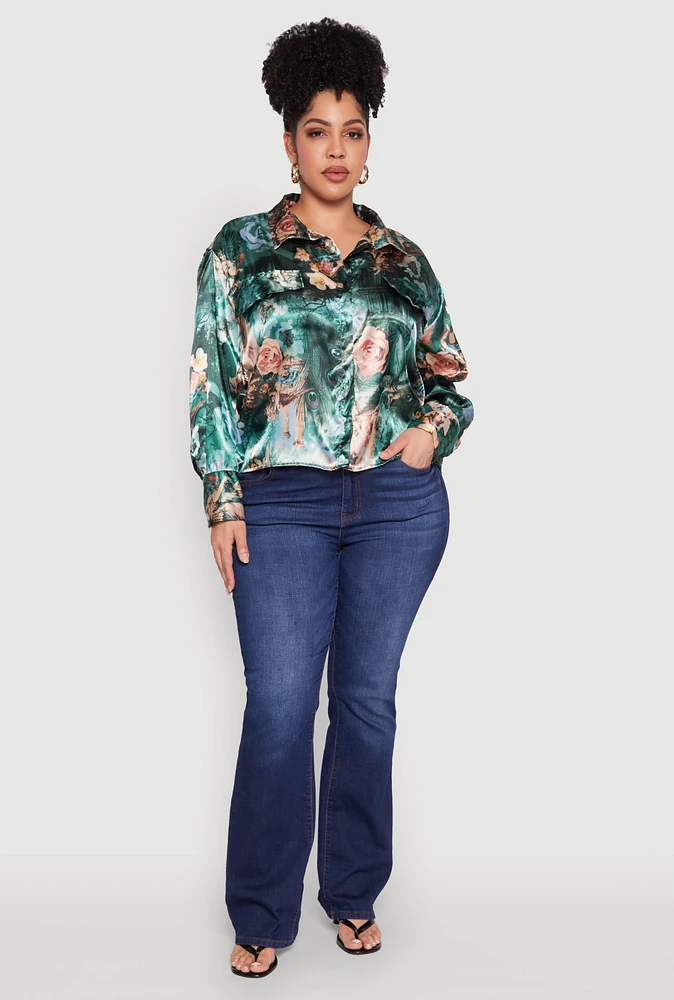 Womens Plus Size Renaissance Floral Print Satin Shirt, Multi, Size 3X
