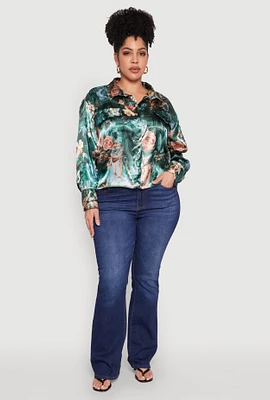 Womens Plus Size Renaissance Floral Print Satin Shirt, Multi, Size 3X