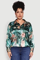 Womens Plus Size Renaissance Floral Print Satin Shirt, Multi, Size 3X
