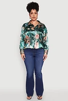 Womens Plus Size Renaissance Floral Print Satin Shirt, Multi, Size 3X