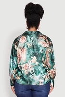 Womens Plus Size Renaissance Floral Print Satin Shirt, Multi, Size 3X
