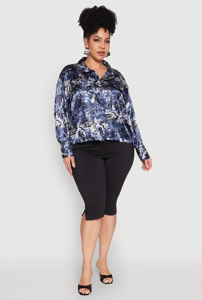 Womens Plus Size Satin Graffiti Printed Pattern Shirt, Blue, Size 2X