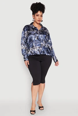 Womens Plus Size Satin Graffiti Printed Pattern Shirt, Blue, Size 2X