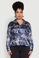 Womens Plus Size Satin Graffiti Printed Pattern Shirt, Blue, Size 2X