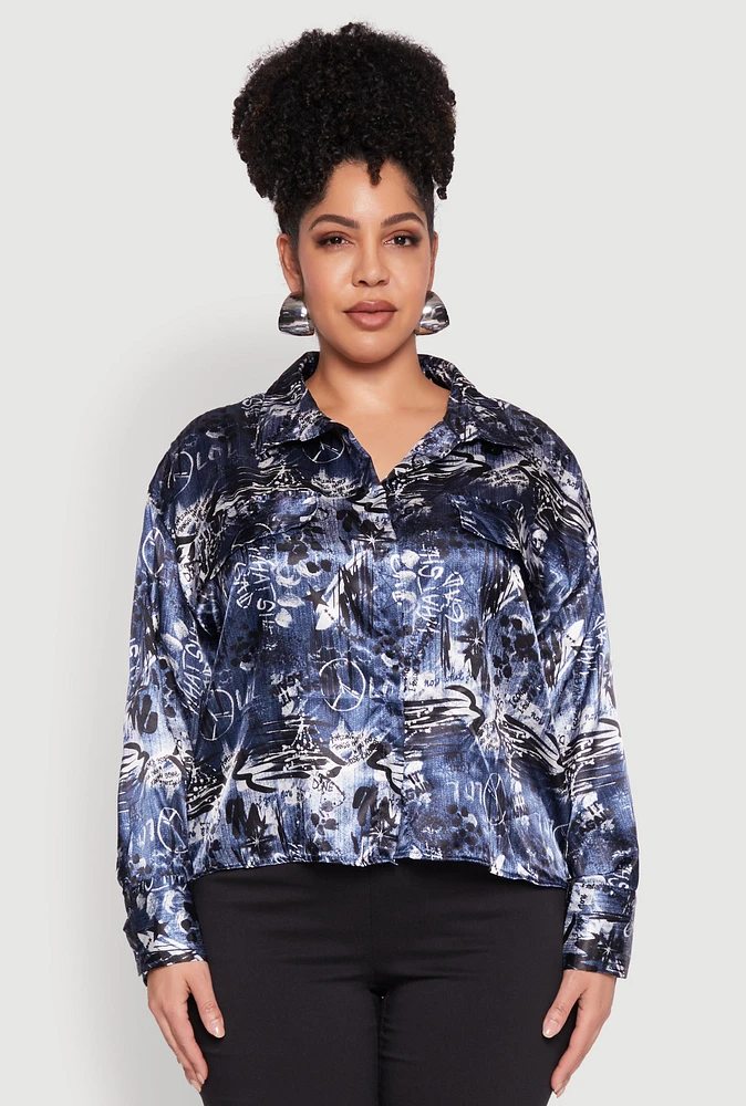 Womens Plus Size Satin Graffiti Printed Pattern Shirt, Blue, Size 1X