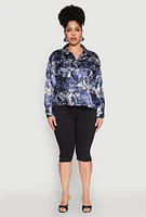Womens Plus Size Satin Graffiti Printed Pattern Shirt, Blue, Size 2X