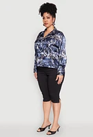 Womens Plus Size Satin Graffiti Printed Pattern Shirt, Blue, Size 2X