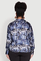 Womens Plus Size Satin Graffiti Printed Pattern Shirt, Blue, Size 2X