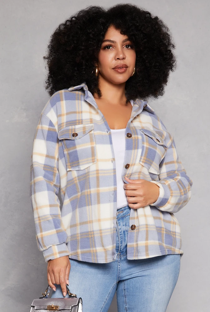 Womens Plus Size Plaid Fleece Button Front Shacket, Blue, Size 2X