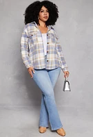 Womens Plus Size Plaid Fleece Button Front Shacket, Blue, Size 2X