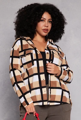 Womens Plus Size Plaid Fleece Button Front Shacket, Multi, Size 1X