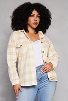 Womens Plus Size Plaid Fleece Button Front Shacket, Beige, Size 2X