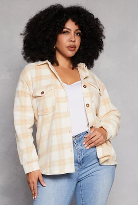 Womens Plus Plaid Fleece Button Front Shacket,