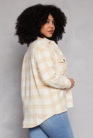 Womens Plus Size Plaid Fleece Button Front Shacket, Beige, Size 2X