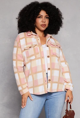 Womens Plus Size Plaid Fleece Button Front Shacket, Multi, Size 1X