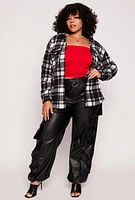 Womens Plus Plaid Fleece Button Front Shacket, Multi,