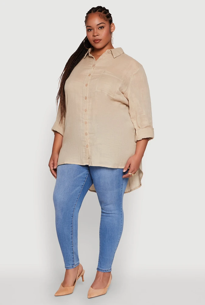 Womens Plus Trendy Gauze Knit Button Front Shirt,