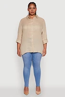 Womens Plus Trendy Gauze Knit Button Front Shirt,