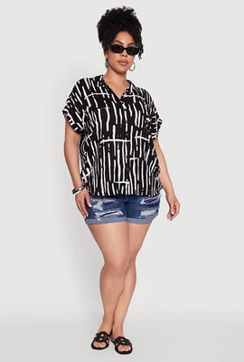 Womens Plus Size Abstract Print Button Front High Low Shirt, Multi, Size 2X
