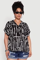 Womens Plus Abstract Print Button Front High Low Shirt, Multi,