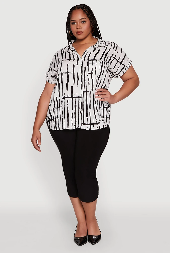Womens Plus Abstract Print Button Front High Low Shirt, Multi,