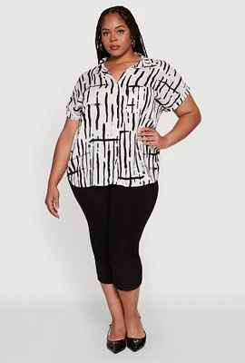 Womens Plus Abstract Print Button Front High Low Shirt, Multi,