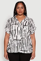 Womens Plus Abstract Print Button Front High Low Shirt, Multi,