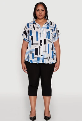 Womens Plus Size Abstract Patterned Button Front High Low Shirt, Multi, Size 1X