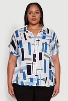 Womens Plus Size Abstract Patterned Button Front High Low Shirt, Multi, Size 1X