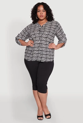 Womens Plus Size Greek Key Notch Neck Blouse, Multi, Size 2X