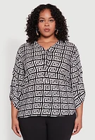 Womens Plus Size Greek Key Notch Neck Blouse, Multi, Size 2X