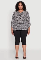 Womens Plus Size Greek Key Notch Neck Blouse, Multi, Size 2X