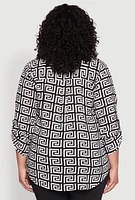Womens Plus Size Greek Key Notch Neck Blouse, Multi, Size 2X