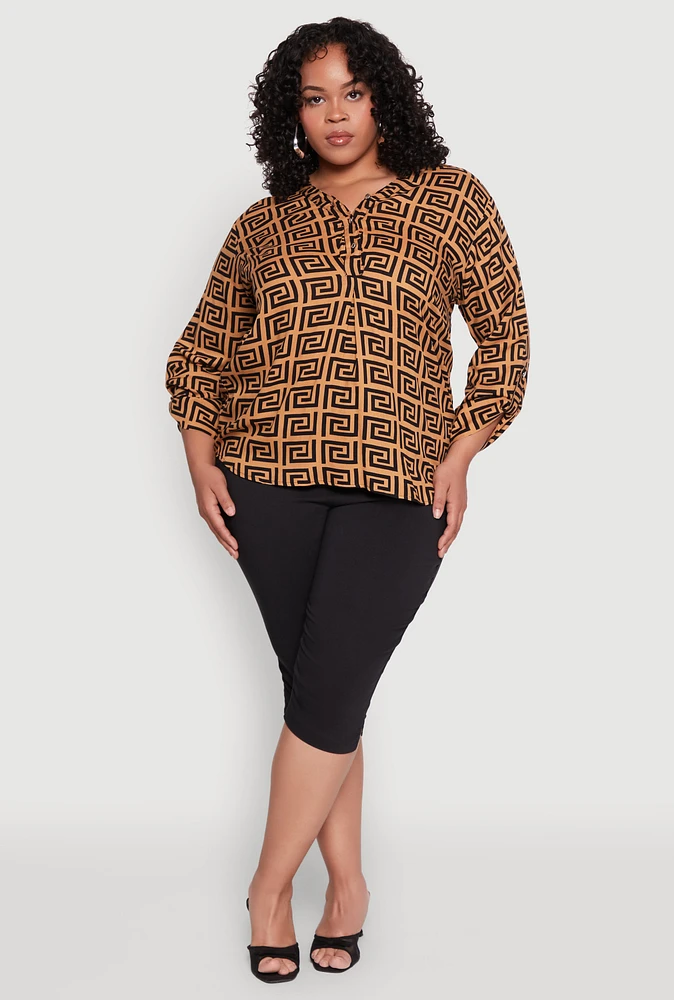 Womens Plus Size Greek Key Notch Neck Blouse, Brown, Size 2X