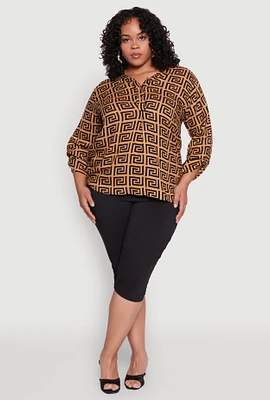 Womens Plus Size Greek Key Notch Neck Blouse, Brown, Size 2X