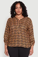 Womens Plus Size Greek Key Notch Neck Blouse, Brown, Size 2X