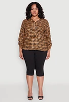 Womens Plus Size Greek Key Notch Neck Blouse, Brown, Size 2X
