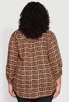 Womens Plus Size Greek Key Notch Neck Blouse, Brown, Size 2X