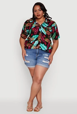 Womens Plus Tropical Leaf Print Shirt, Multi,