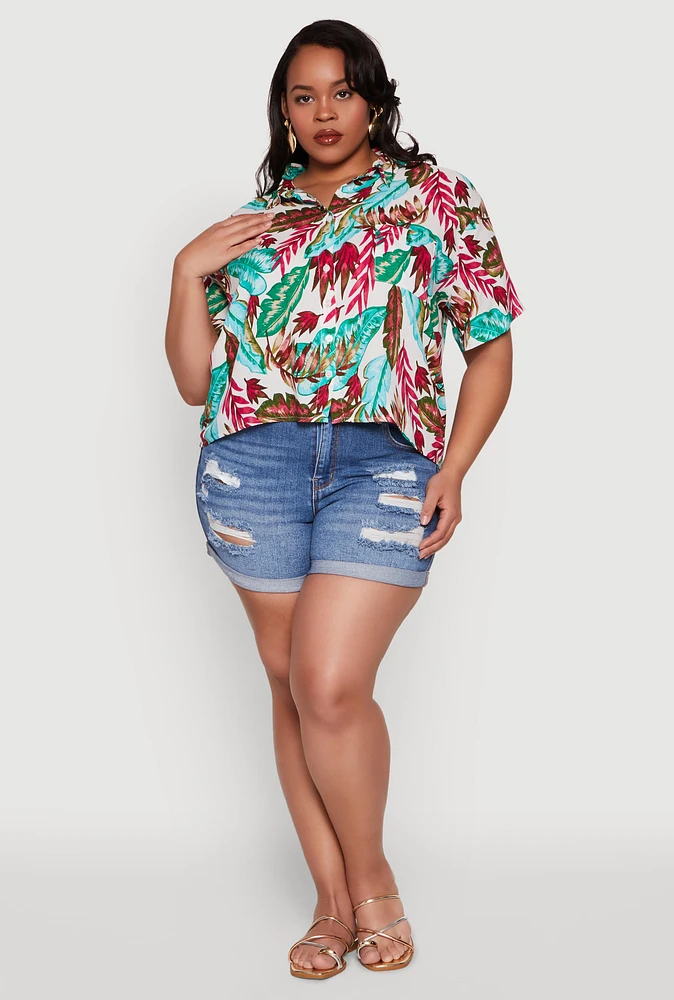 Womens Plus Size Tropical Leaf Print Shirt, Multi, Size 1X