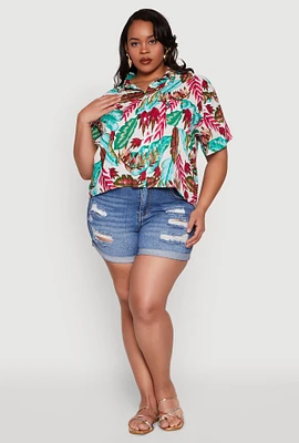 Womens Plus Size Tropical Leaf Print Shirt, Multi, Size 1X