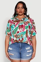 Womens Plus Size Tropical Leaf Print Shirt, Multi, Size 1X