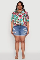Womens Plus Size Tropical Leaf Print Shirt, Multi, Size 1X